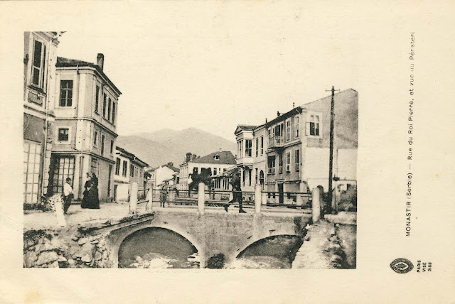 "Street King Peter and view of Pelister" is the title of this postcard from 1917. Printed in: Photo D.A.Languet, 250 Faubourg, Saint-Martin Paris. On the photo is seen the Stone Bridge on River Kurdeles and the street Solunska on both sides of the river. River Kurdeles in 1975/76 was covered, thereby the street Solunska adjusted for traffic.