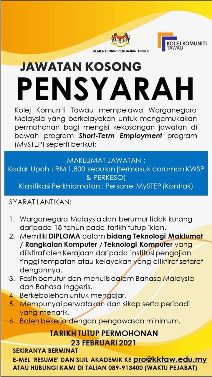 Jawatan Kosong Pensyarah Kolej Komuniti Tawau Sabah Mystep