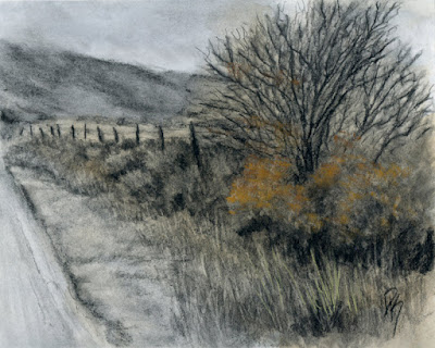 charcoal mixed media drawing rural landscape