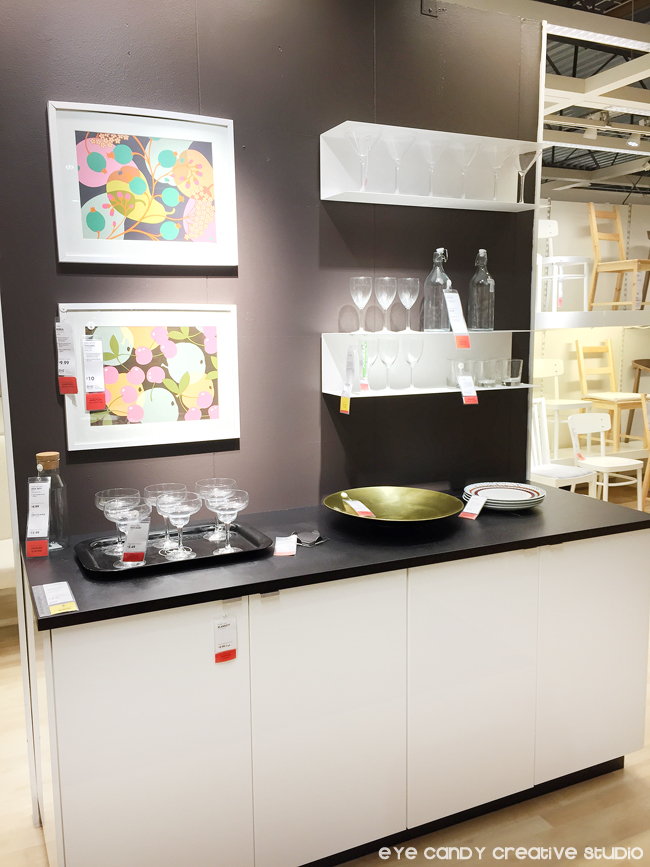 IKEA storage, bar area idea, art primts, bar shelf, cocktail glasses 