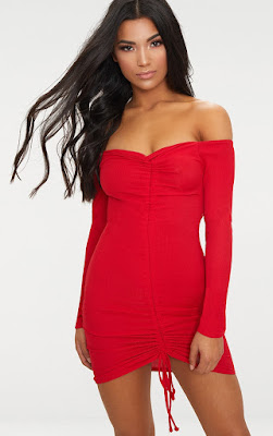Red ribbed long sleeve bardot ruched bodycon party dress