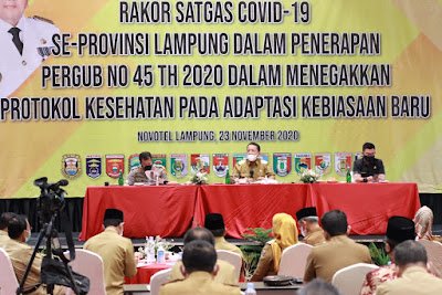 Gubernur Lampung Pimpin Rakor Satgas Covid-19 Se-Provinsi Lampung Dalam Penerapan Pergub Nomor 45 Tahun 2020