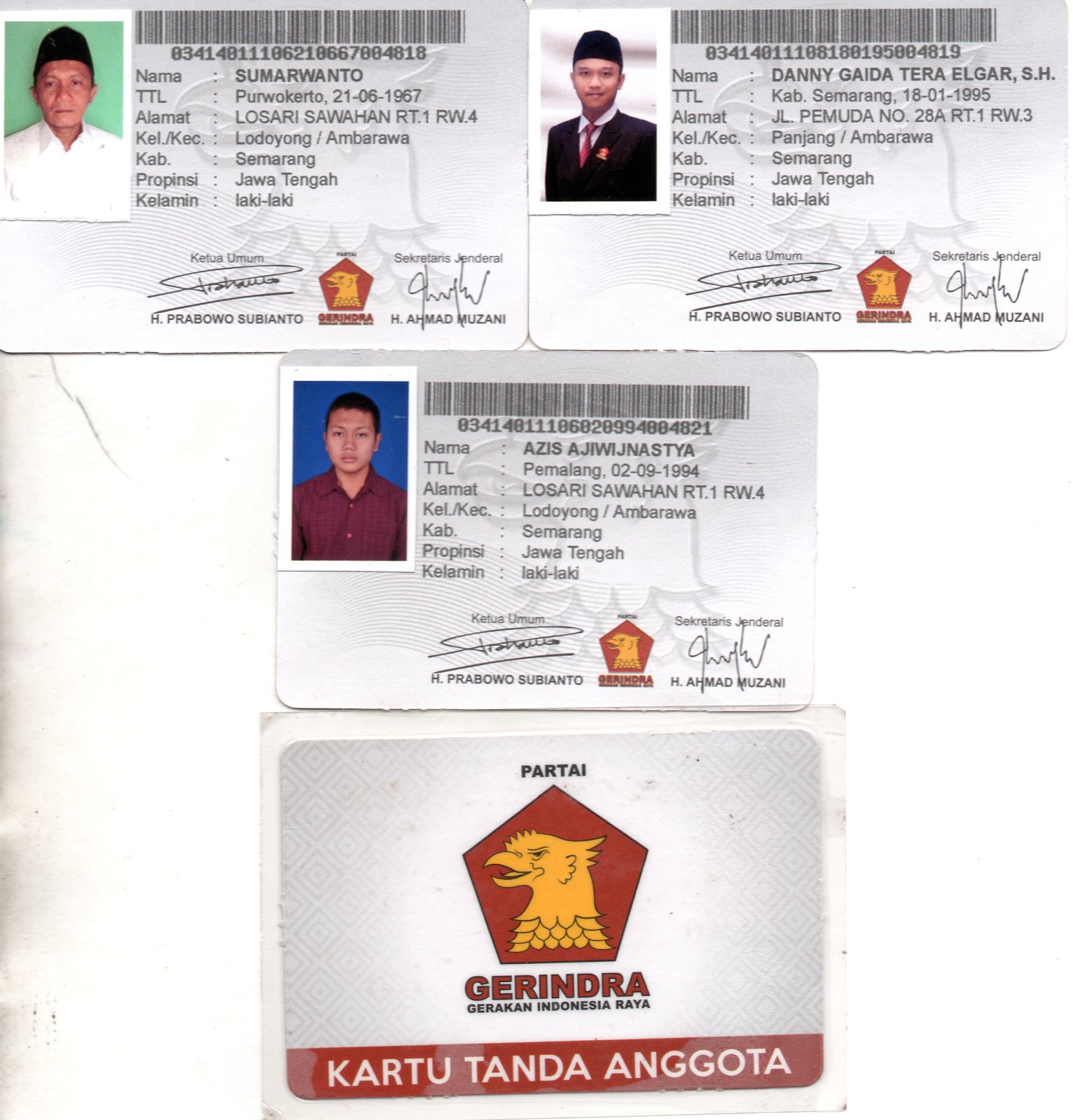 Partai Gerakan Indonesia Raya (Gerindra) Kartu Tanda Anggota (KTA) Partai Gerakan Indonesia Raya (Gerindra) Pimpinan Anak Cabang (PAC) Kecamatan Ambarawa, Kabupaten Semarang, Jawa Tengah, Indonesia.