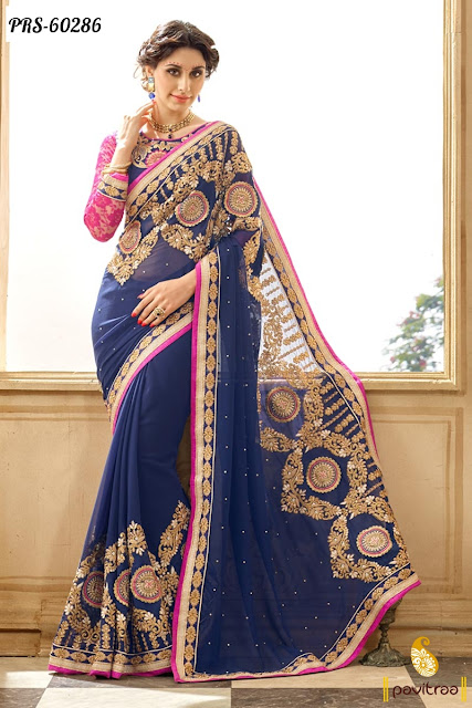Wedding Season Special Heavy Party Wear Cobalt Blue Georgette Bridal Designer Sarees Online Shopping with Discount Offer Prices