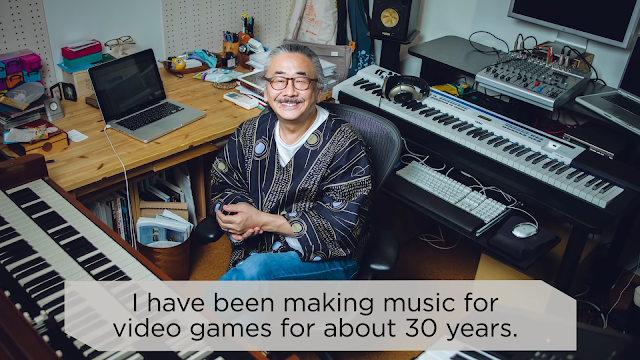 Nobuo Uematsu sitting in front of his keyboards. There is text underneath that says: I have been making music for video games for about 30 years