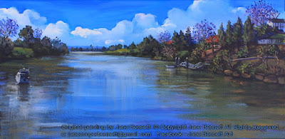 Plein air oil painting of the Hawkesbury River from the old Windsor Bridge painted by heritage artist Jane Bennett