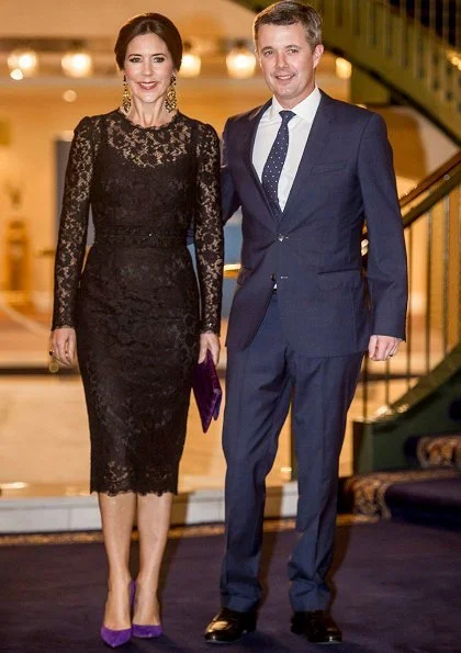 Crown Princess Mary wore Dolce Gabbana lace dress, Amrita Singh Shabana pearl parring, and carried Carlend Copenhagen clutch