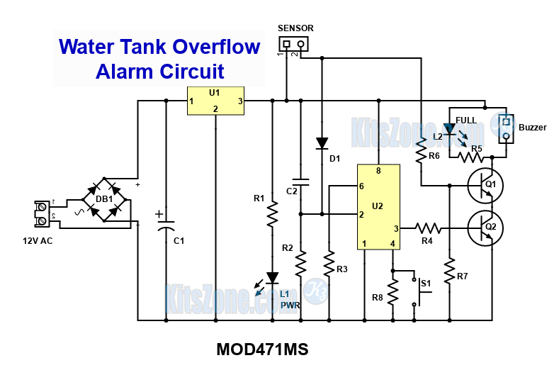 Water Tank Overflow Alarm Circuit With Momentary Switch To Turn Off The Alarm Simple