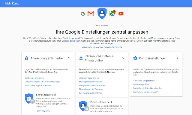 Übersicht von Googles Mein Konto Dashboard