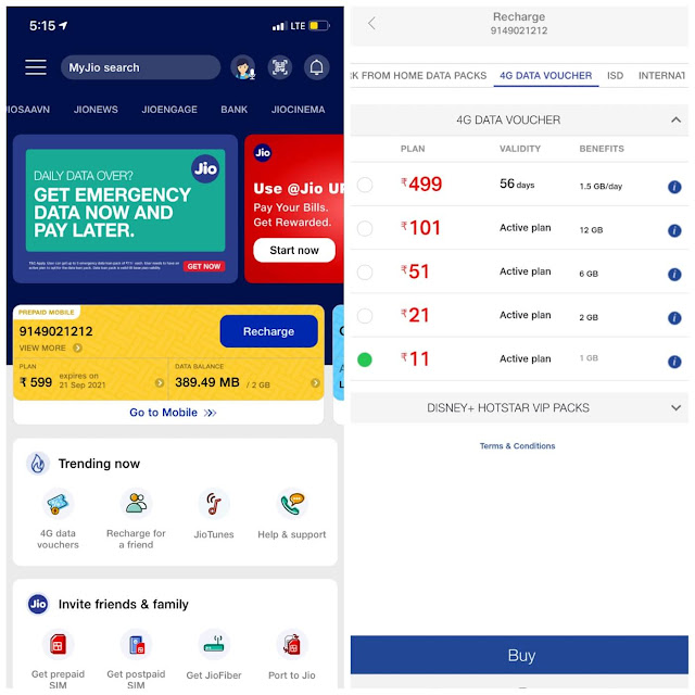 Recharge Jio with data booster on MyJio app