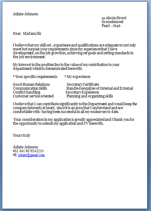 job cover letter template