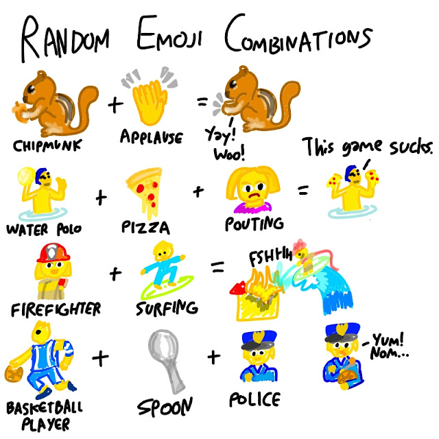The caption is RANDOM EMOJI COMBINATIONS. There are four combinations of two to three emojis each. The first is 🐿️ + 👏 = A chipmunk emoji applauding and saying "Yay! Woo!" The next is 🤽 + 🍕 + 🙎 = A water polo player holding 2 slices of pizza, saying "This game sucks." Next, 👩‍🚒 + 🏄 = A surfing firefighter putting out a fire. ⛹️ + 🥄 + 👮 = A police officer eating a basketball with a spoon. "Yum! Nom..."