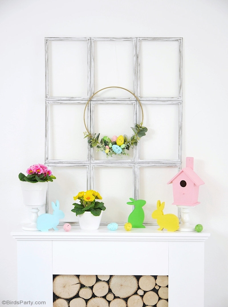 Easter Mantel Pastel Decor DIYs - easy craft projects, including a window frame and a wreath to decorate your home for spring and Easter! by BirdsParty.com @birdsparty #easter #mantel #psing #easterdecor #eastermantel #springdecor #springmantel #springwreath #springdiy #springcrafts #easterdiy #eastercrafts #easterwreath #diywindowframe #farmhousedecor #dolartreedecor #pasteleaster