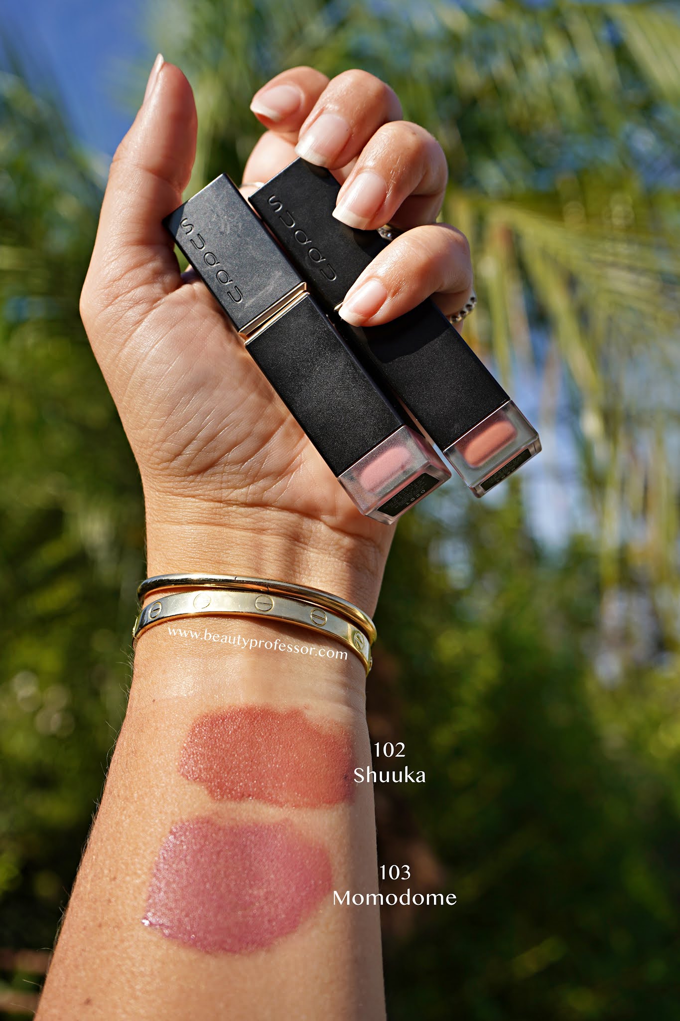 SUQQU and Lip Color Galore arm color swatch 