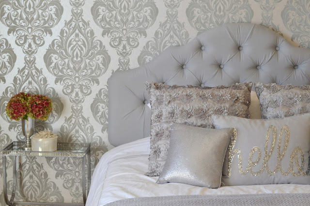 silver and white, patterned wallpaper, graham and brown, mirrored side table