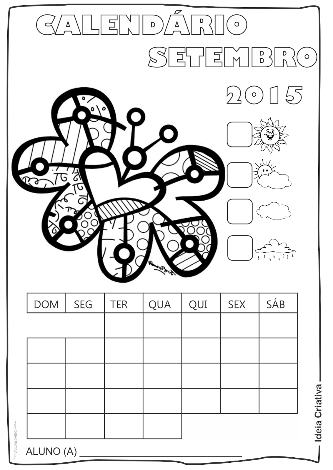 Calendário  Setembro 2015 com Desenho Borboleta de Romero Britto para Colorir Sem Numeração