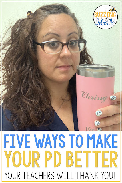 PD for teachers doesn't have to be torturous. In this post, I share five tips for making your next workshop better. Learn abou thow to differentiate professional development, why to plan one more activity that you might not need (but would still love to do), and and some ways to help teachers envision the topic of the training happening in their classrooms! Educators everywhere will thank you! #professionaldevelopment #pdforteachers PD for teachers doesn't have to be torturous. In this post, I share five tips for making your next workshop better. Learn abou thow to differentiate professional development, why to plan one more activity that you might not need (but would still love to do), and and some ways to help teachers envision the topic of the training happening in their classrooms! Educators everywhere will thank you! #professionaldevelopment #pdforteachers