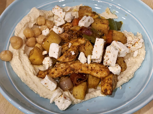 chicken, hummus, Feta cheese, roasted vegetables