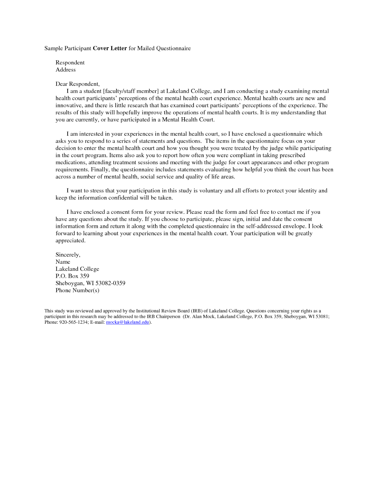questionnaire cover letter
