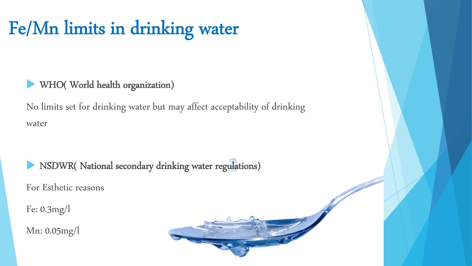 water treatment Fe/Mn limits in drinking water