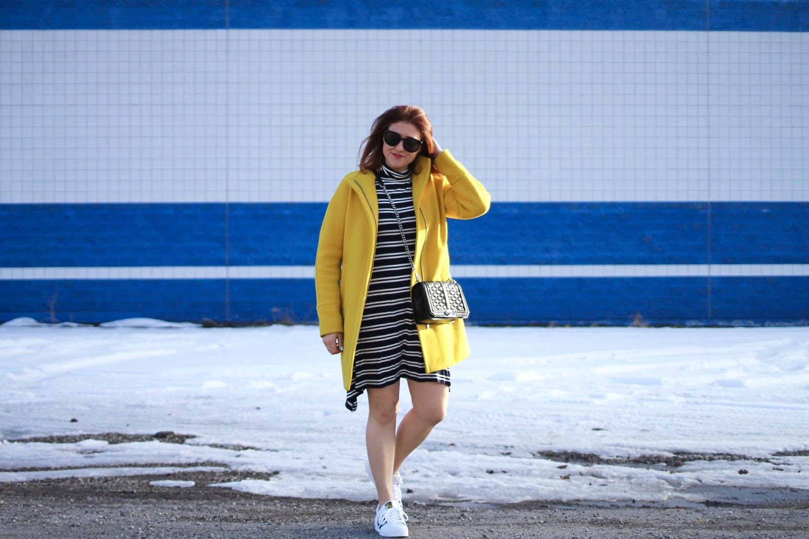 Golden Sun cocoon coat by j crew with a super soft and comfortable casual dress from Anthropologie. Looks great with adidas Classics and the rebecca Minkoff love crossbody chain strap bag in black. Easy date night outfit