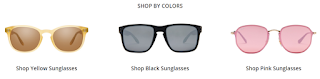 Coastal Eye Wear Sunglasses image shows three pair of sunglasses the first pair on the left has yellow lenses, the centre pair has black lenses, the thrird pair have pink lenses. Link opens in a new tab on the page with black lenses