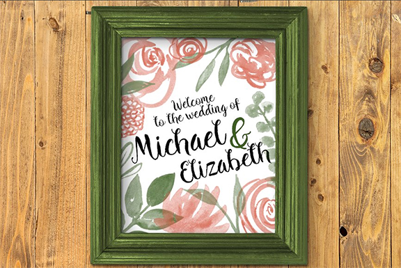 Welcome to the wedding sign with Pink Flowers using watercolor Photosohp Brushes