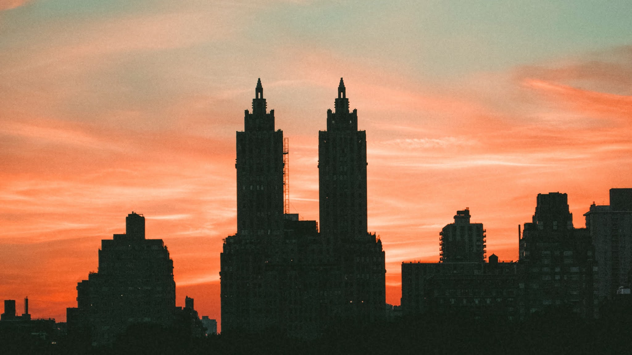 Wallpaper City, Towers, Sea, Sunset