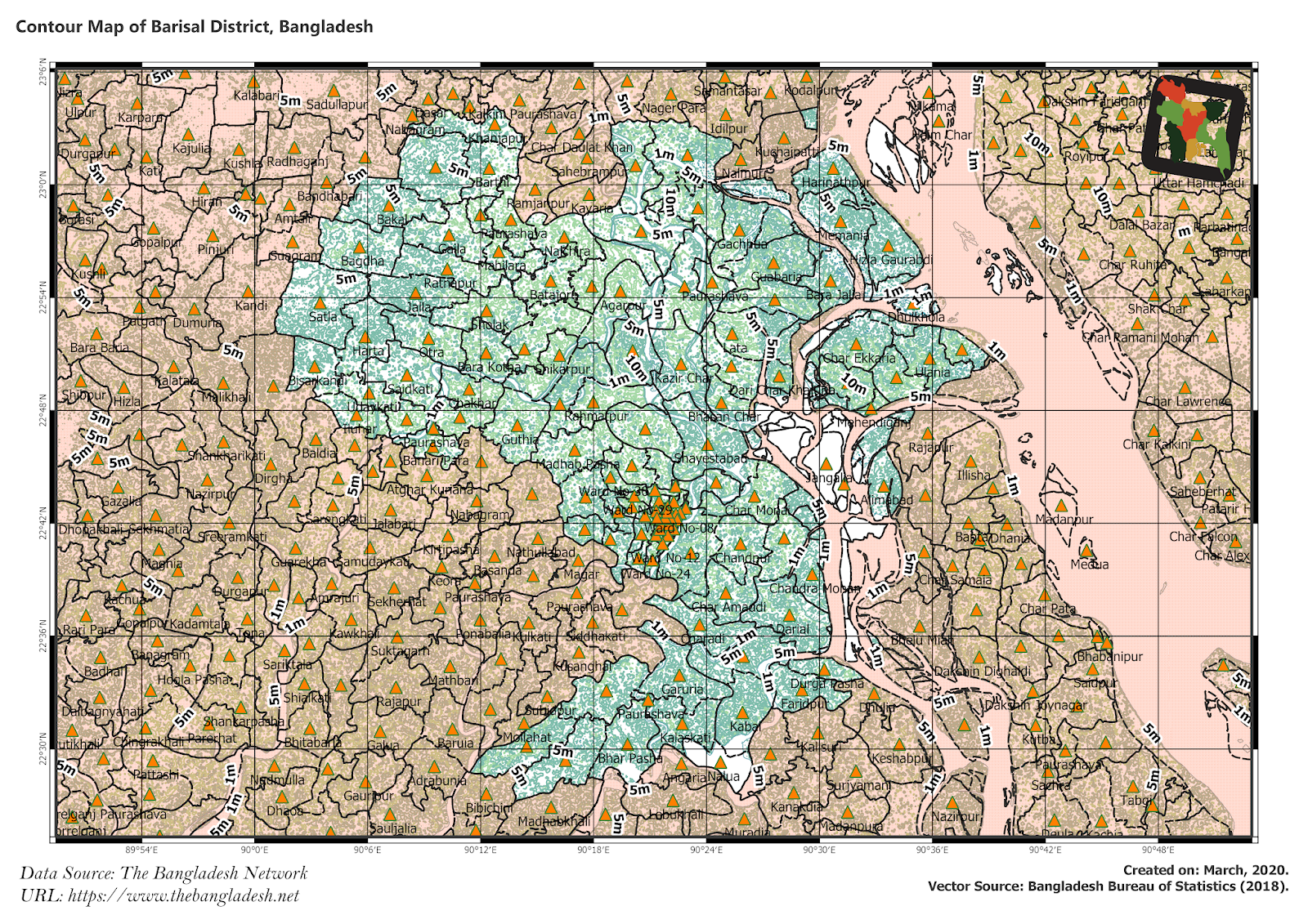 Elevation Map of Barisal District of Bangladesh