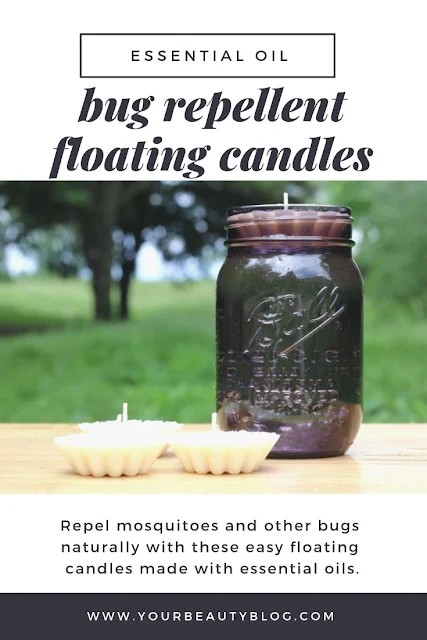 How to make DIY bug repellent floating candles with essential oils. This uses the best essential oil blend to repel mosquito and other bugs for outside. Set in a mason jar to use on your deck, patio, or porch. If you need ideas for natural bug repellent, make these natural candles for yard or backyard. Make homemade mosquito repelling natural candles for home or outdoor.  #essentialoils #bugs #mosquitoes #masonjar