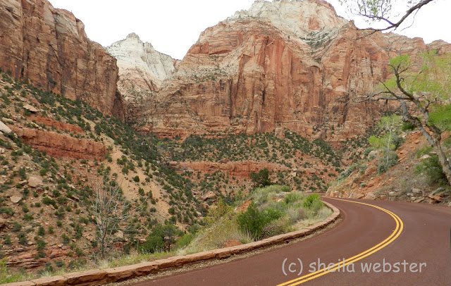 the reddy brown road meanders through the sandstone mountains