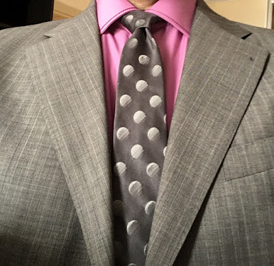 pink shirt and tie with grey suit