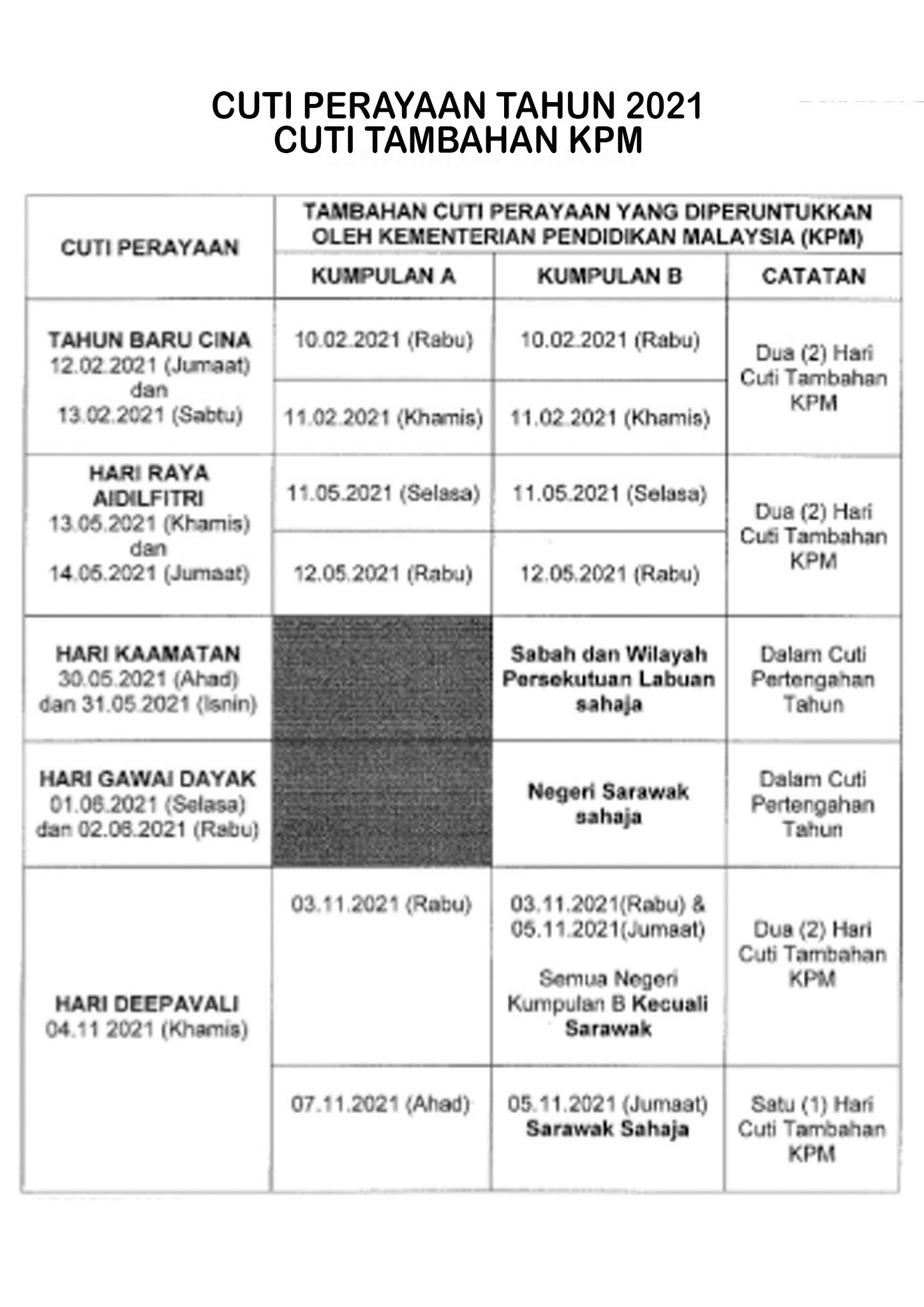 Sekolah 2021 cuti Takwim Persekolahan