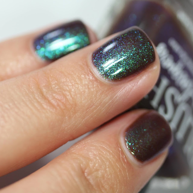 Murky brown purple nail polish that shifts to blue and green