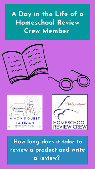 Text: A Day in the Life of a Homeschool Review Crew Member; a logos from A Mom's Quest to Teach; Homeschool Review Crew; clip art book & glasses