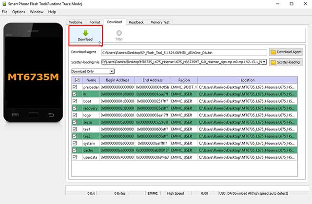 proceso de carga de la rom hisense en flash tools