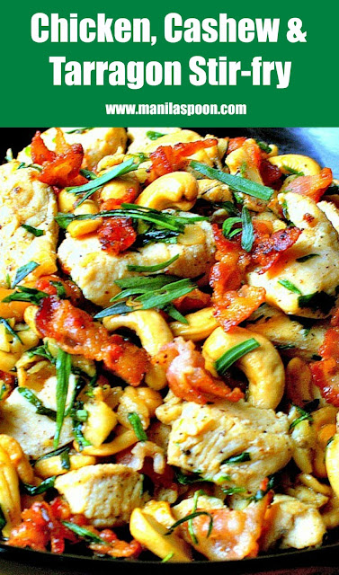 My mother-in-law passed on this recipe to us as my hubby loves this dish! So easy to make, quick and seriously delicious, too! Gluten-free and low-carb, too. Chicken, Cashew and Tarragon Stir-fry (with Bacon) | www.manilaspoon.com