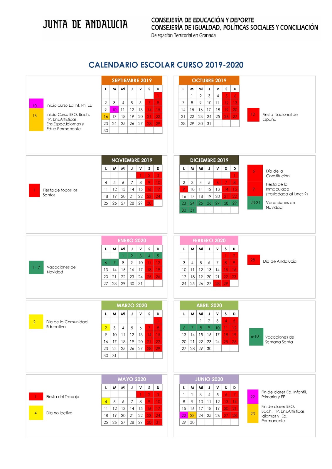 Calendario escolar 19-20
