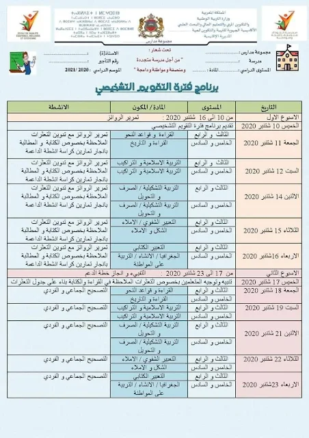 برنامج فترة التقويم التشخيصي للمستويات الثالث و الرابع و الخامس و السادس مادة اللغة العربية