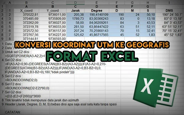 Cara Konversi Koordinat UTM ke Geografis beserta jarak dan sudutnya Format Excel XLS