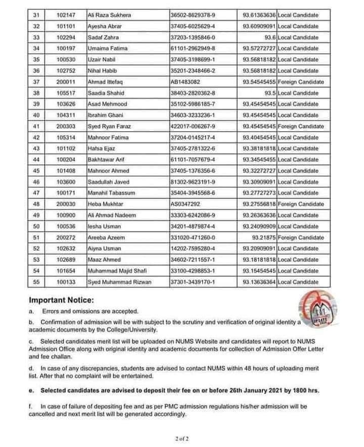 NUMS first Merit list 2021 online Army medical college merit Pakistan