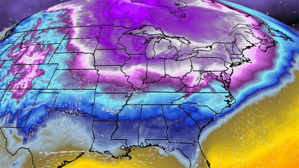 Weather Channel graphic of the top of the earth, showing a radiating blue and purple polar vortex sliding down from the North Pole