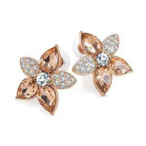 Rose Gold Colour Crystal And Peach Flower Stud Earrings