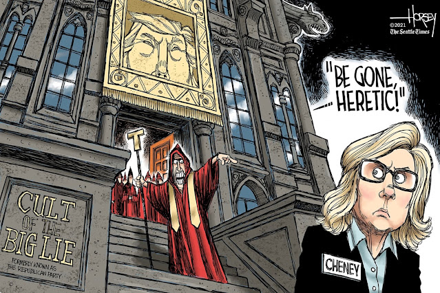 Liz Cheney is excommunicated from the Temple of Trump as the Trump priest shouts, 