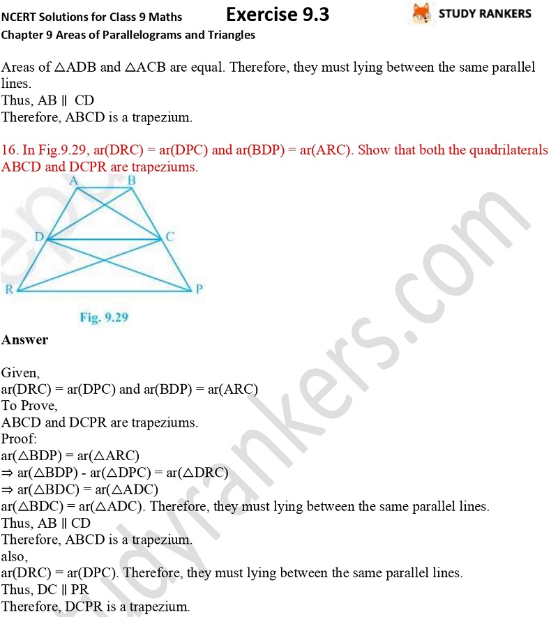 NCERT Solutions for Class 9 Maths Chapter 9 Areas of Parallelograms and Triangles Exercise 9.3 Part 11