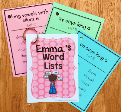 Photo of differentiated word lists for student "Emma."
