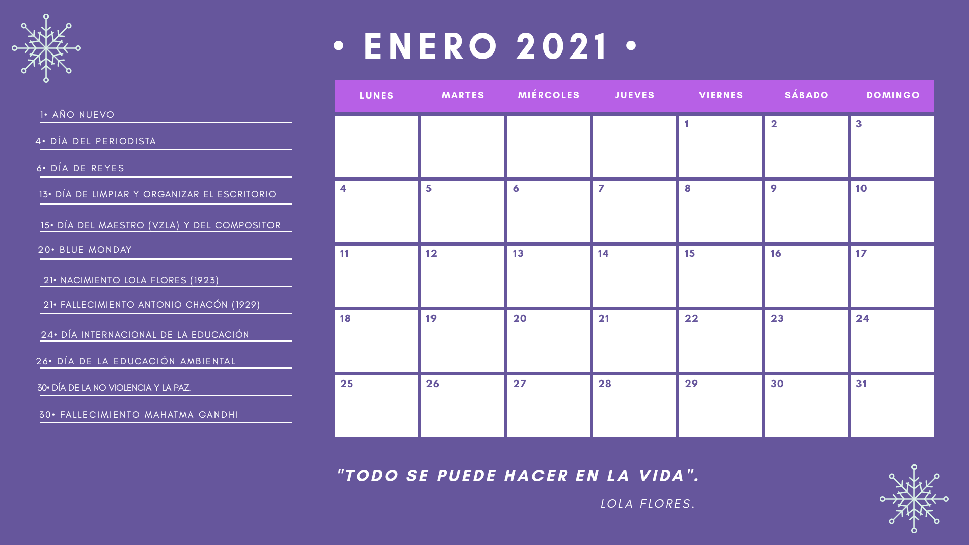Calendario ENERO 2021