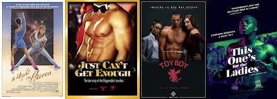 Posters for a selection of male stripper movies and TV show