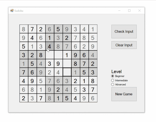 Develop Sudoku game using basic Windows Form and C codes