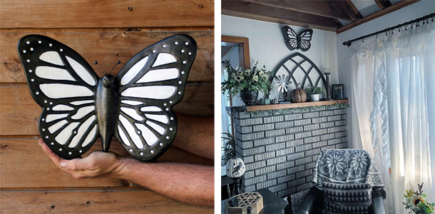 black white butterfly urn matches room decor
